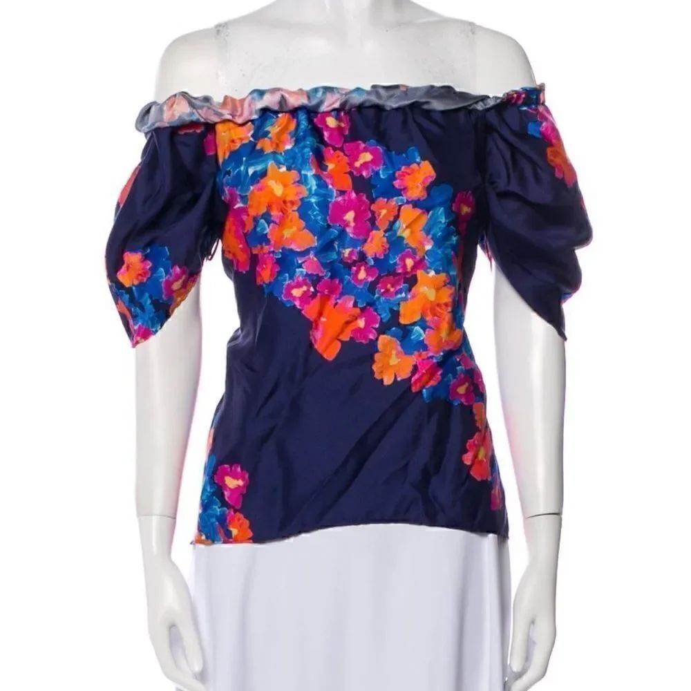 Tanya Taylor Off-The-Shoulder Silk Blue Blouse